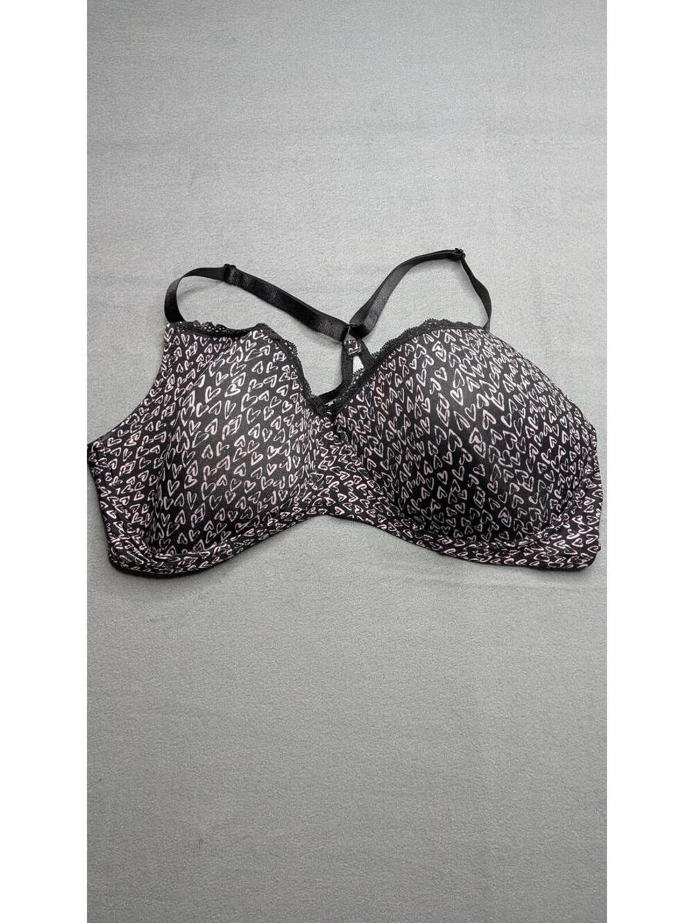 Just Be T-Shirt Bra Womens 44D Black Heart Print Racerback Padded Wireless